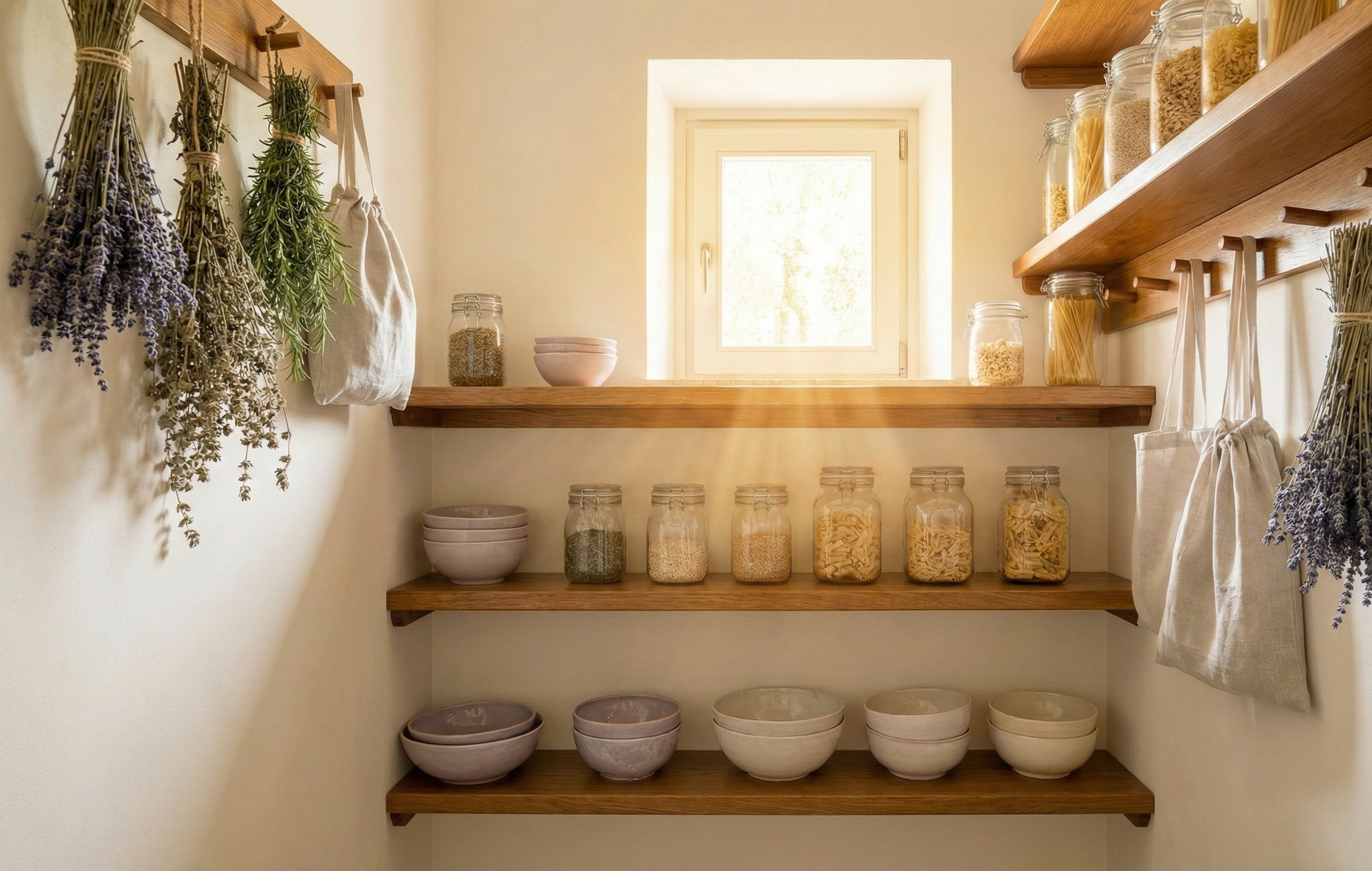 Dispensa organizzata con vetro e lino